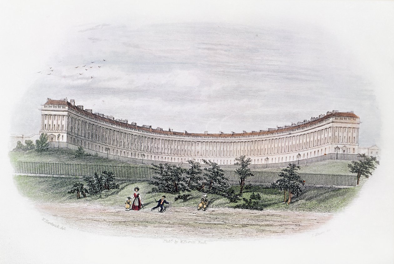 Royal Crescent, Bath, puistosta, kaiverrus J. Shury, n. 1840 tekijältä William N. Hardwick of Bath