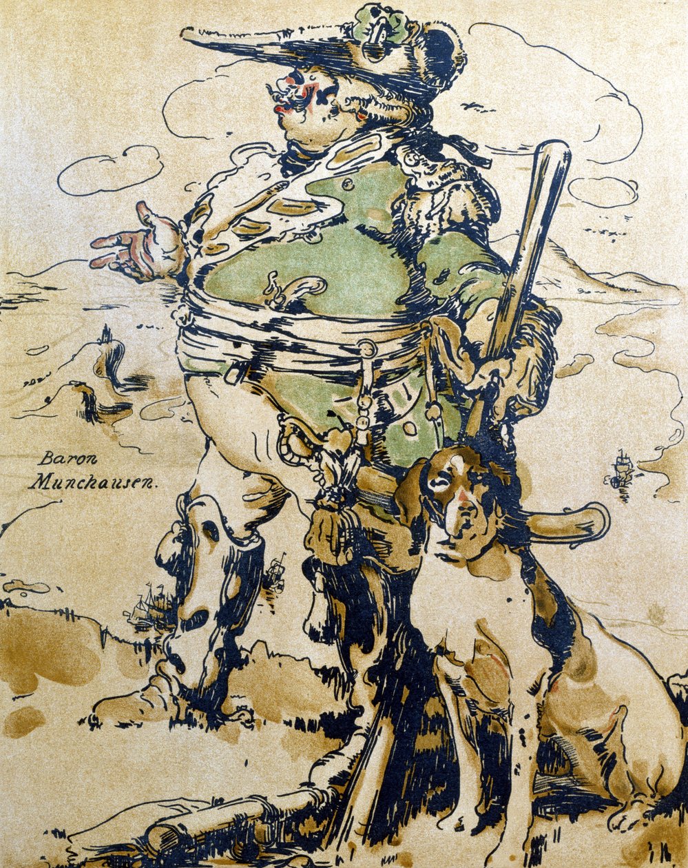 Paroni Münchausen, kuvitus artikkelista "Characters of Romance", julkaistu ensimmäisen kerran 1900 (värilitho) tekijältä William Nicholson