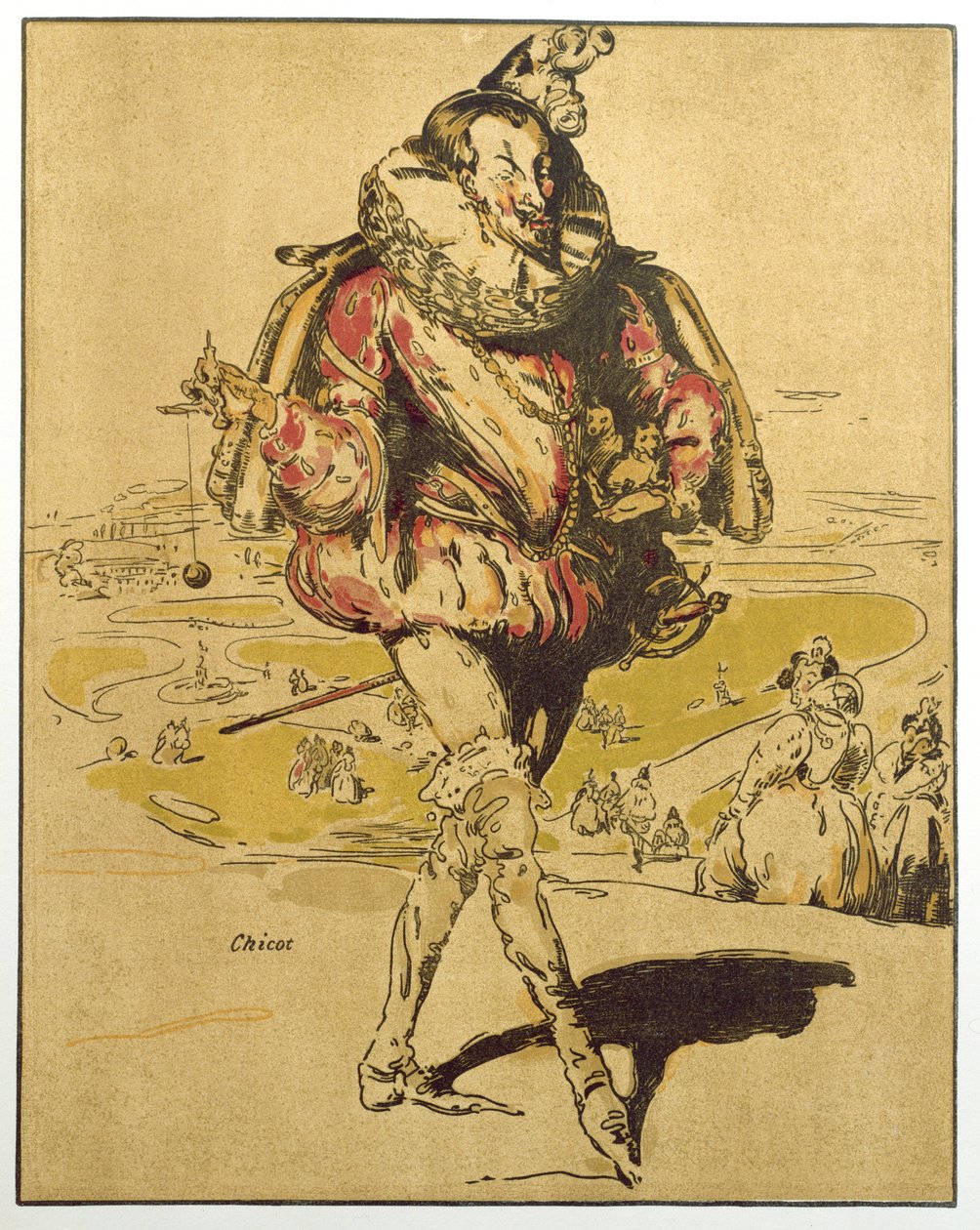 Chicot, kuvitus artikkelista "Characters of Romance", julkaistu ensimmäisen kerran 1900 (värilitho) tekijältä William Nicholson