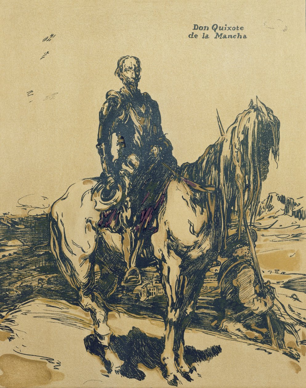 Don Quijote de la Mancha, kuvitus artikkelista "Characters of Romance", julkaistu ensimmäisen kerran 1900 (värilitho) tekijältä William Nicholson