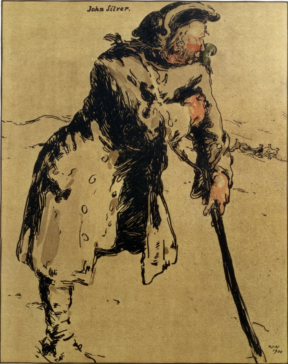 John Silver, kuvitus artikkelista "Characters of Romance", julkaistu ensimmäisen kerran 1900 (värilitho) tekijältä William Nicholson