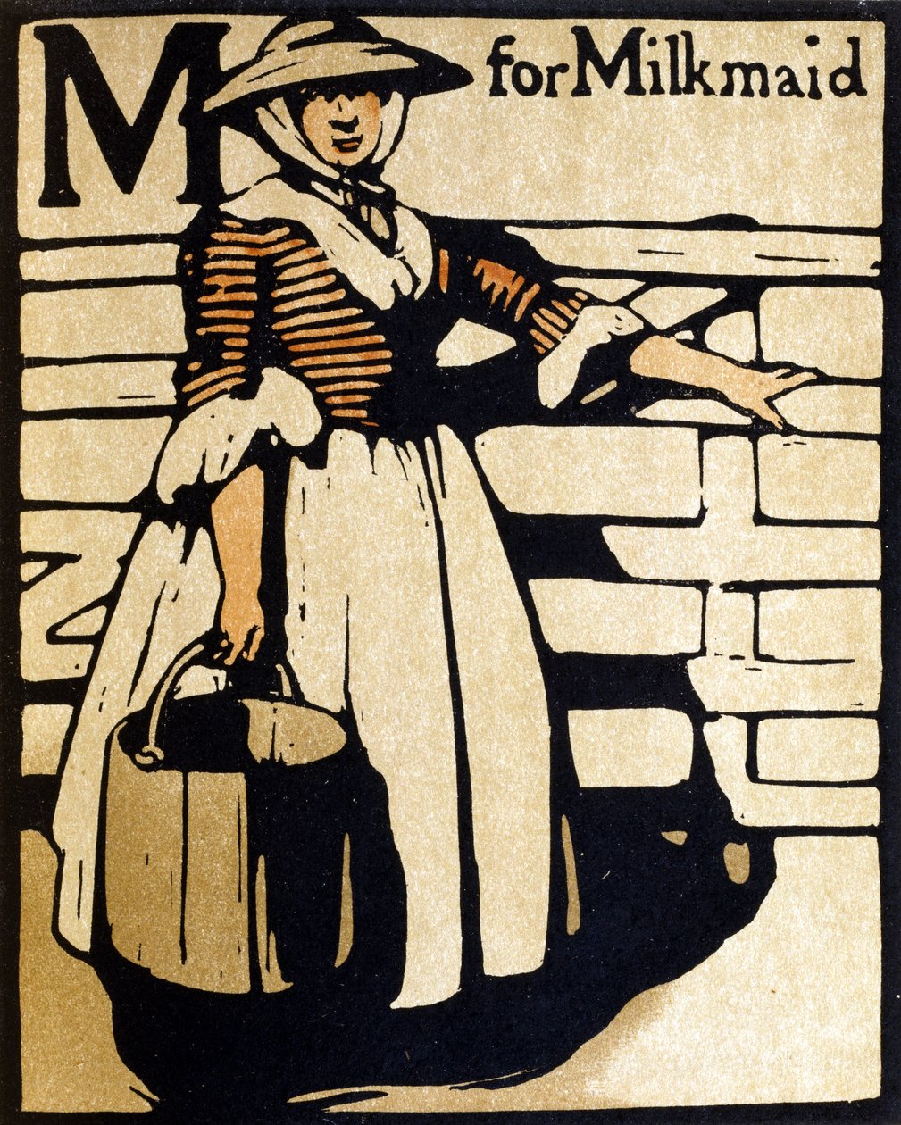 M for Milkmaid, kuvitus julkaisusta "An Alphabet", julkaisija William Heinemann tekijältä William Nicholson