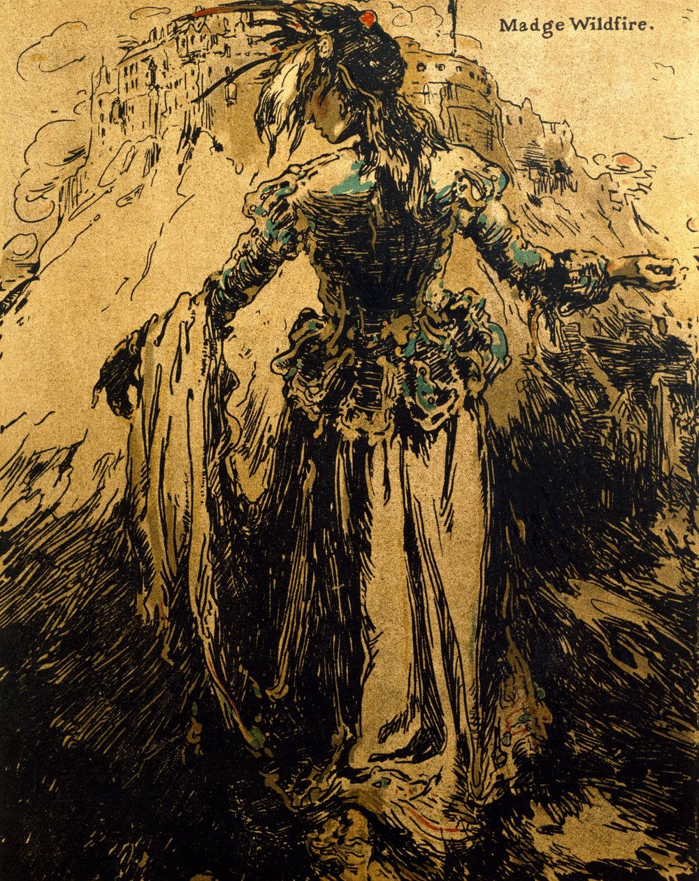 Madge Wildfire, kuvitus artikkelista "Characters of Romance", julkaistu ensimmäisen kerran 1900 (värilitho) tekijältä William Nicholson