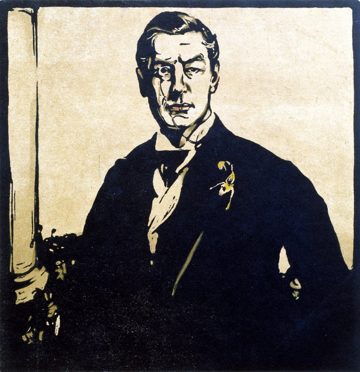 Rt. Hon. Joseph Chamberlainin (1836-1914) kuvitus "Twelve Portraits - Second Series" -sarjasta, julkaistu 1899 (käsinvärinen puupalikka) tekijältä William Nicholson