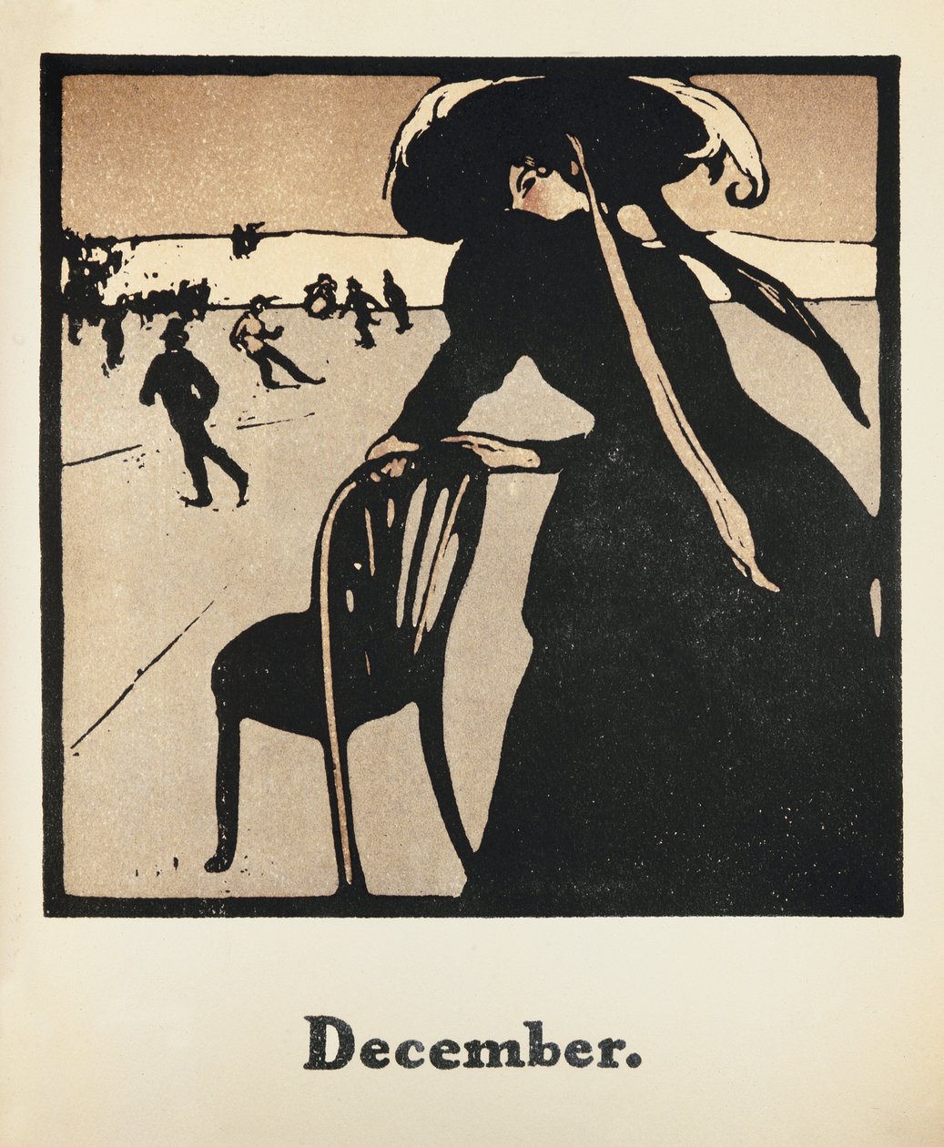 Joulukuu: Luistelu, "Kahdentoista urheilulajin almanakista", Rudyard Kiplingin sanoilla, ensimmäisen julkaisija William Heinemann tekijältä William Nicholson