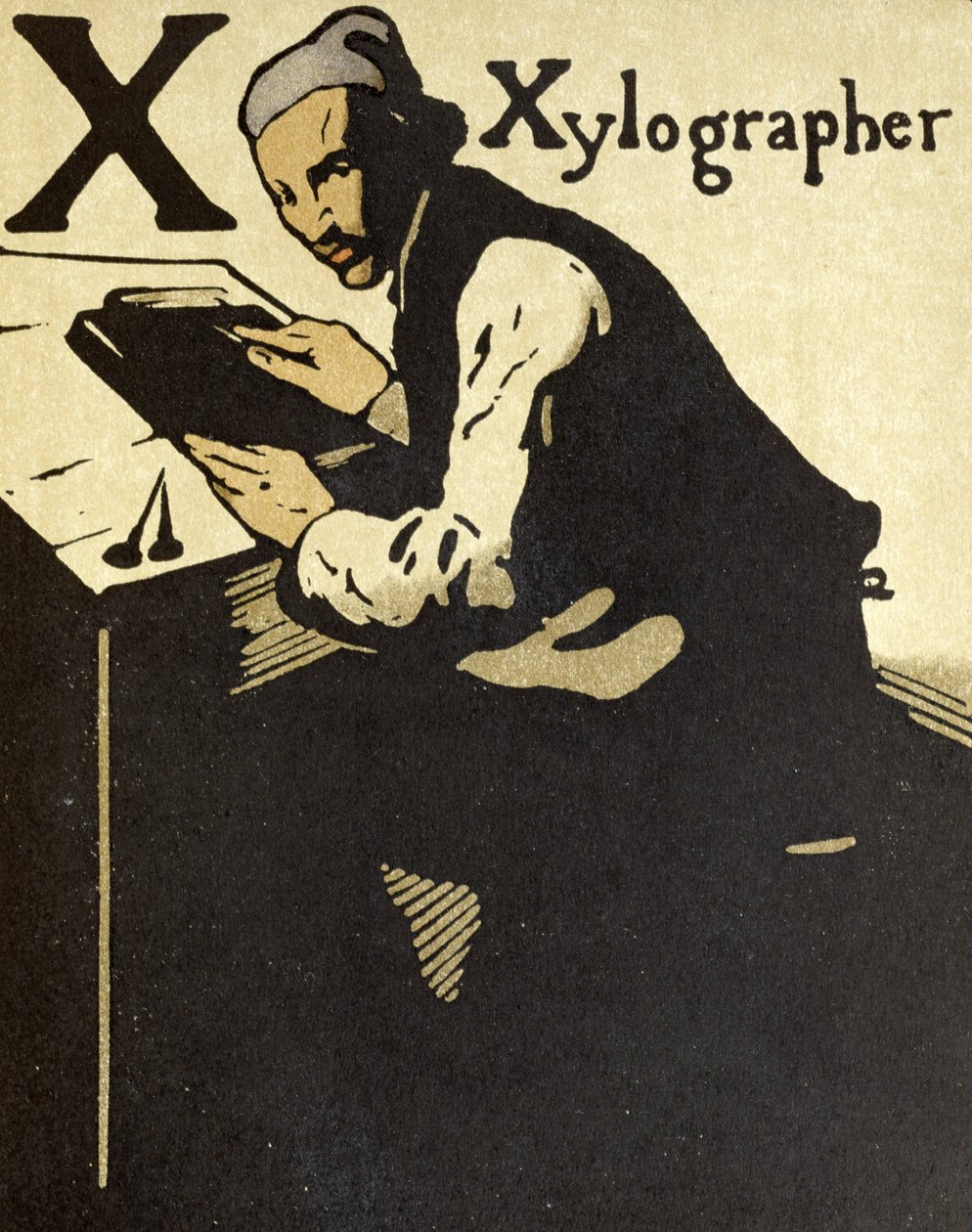X Xylographerille, kuvitus julkaisusta "An Alphabet", julkaisija William Heinemann tekijältä William Nicholson