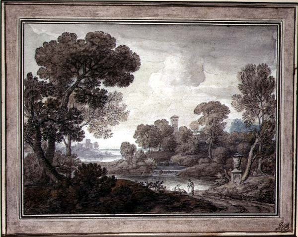 Klassinen maisema, n. 1770 (kynä ja muste ja akvarelli paperille) tekijältä William Oram