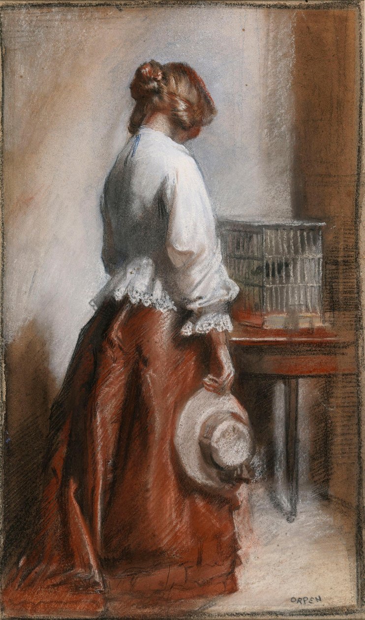 Nainen lintuhäkin kanssa tekijältä William Orpen
