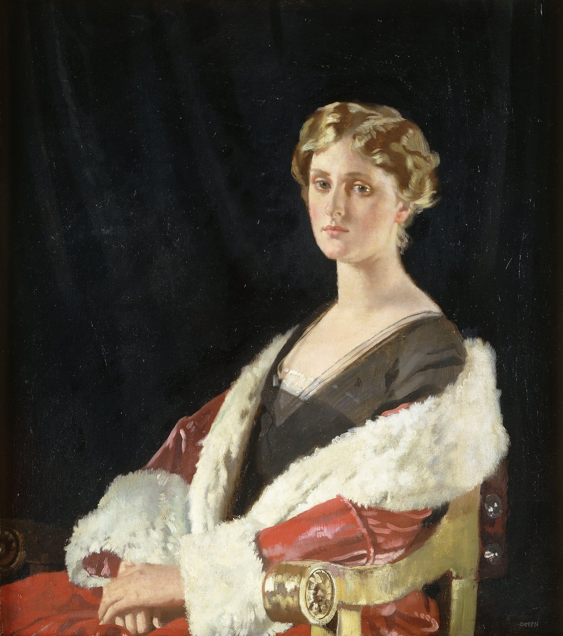 Muotokuva Nancy Oswald Smithistä, istuva puolipitkä, punaisessa turkisvuoratussa takissa, 1915 tekijältä William Orpen