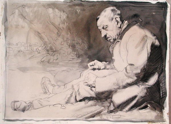 Tutkimus vanhasta miehestä (kynä ja akvarelli paperille) tekijältä William Orpen