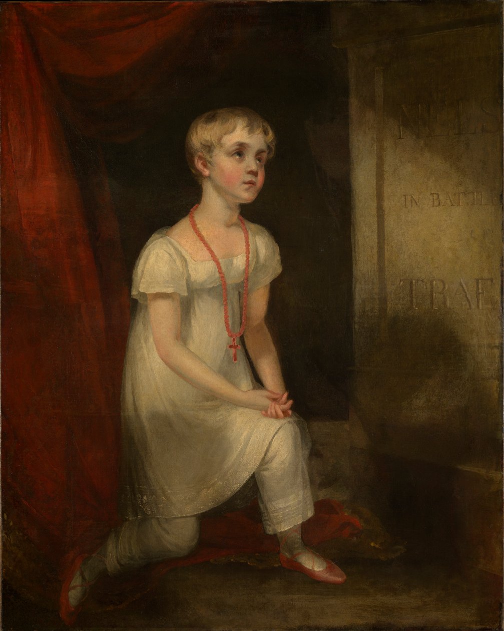 Horatia Nelson polvistuu isänsä haudan edessä, noin 1807 (öljy kankaalle). tekijältä William Owen
