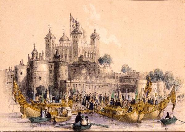 Oikeuden alukselle tulo Hon. Lord Mayor Lontoon Towerissa (litho) tekijältä William Parrott