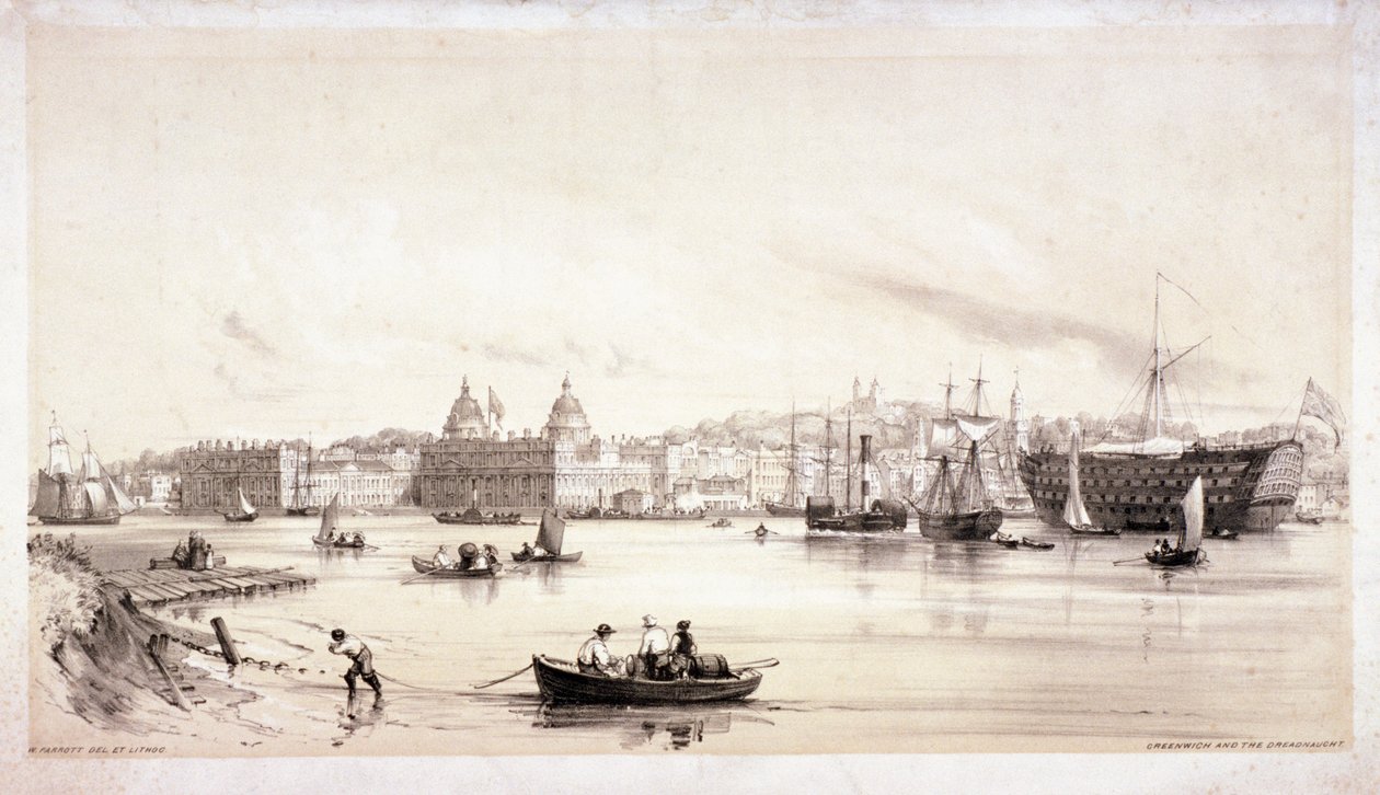 Näkymä Greenwichiin Thames-joen yli, Lontoo, vuodelta 1841. tekijältä William Parrott