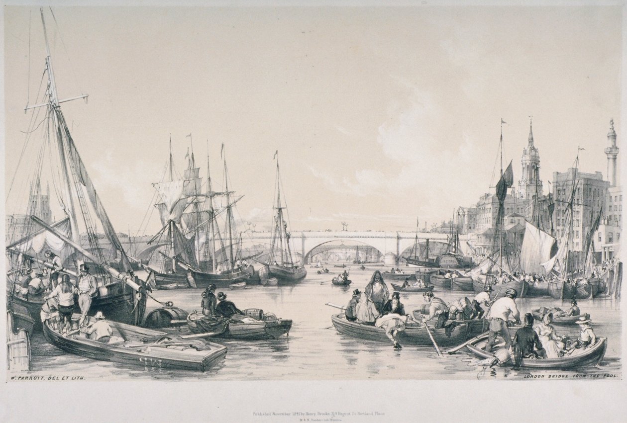 Näkymä uudelle London Bridgelle Thames-joen altaalta, 1841 tekijältä William Parrott