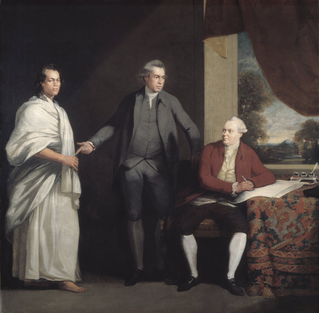 Omai, Joseph Banks ja tohtori Daniel Solander, noin 1775 (öljy kankaalle). tekijältä William Parry