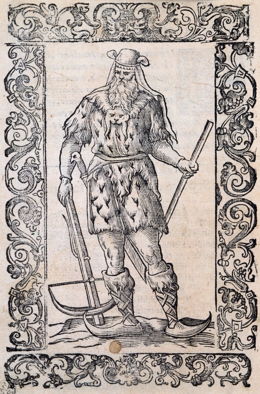 Mies, jolla on turkismekko, varsijousi ja kierrekärkiset kengät (esimerkki alkeellisista suksista), Cesare Vecelliolle (1521-1601) liittyvä kuva, julkaistu Italiassa 1500-luvulla tekijältä Nicolas Toussaint Charlet