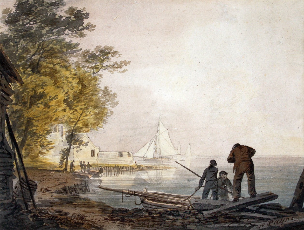 Cowesin linna ja venemiehiä rannalla (akvarelli) (vesiväri) tekijältä William Payne