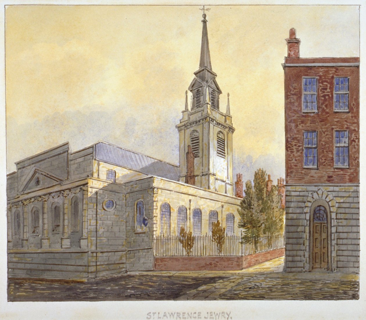 St Lawrence Jewry -kirkko Guildhall Yardista, Lontoon kaupungista, 1810. tekijältä William Pearson