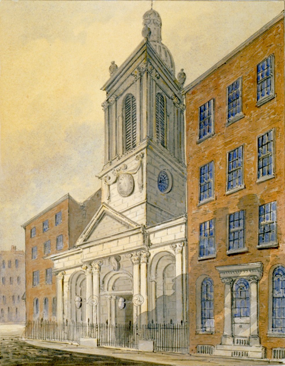 Koillisnäkymä St Peter-le-Poerin kirkolle ja Old Broad Streetille, Lontoon City, 1815 tekijältä William Pearson
