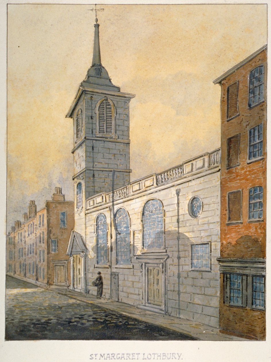 Kaakkoisnäkymä St Margaret Lothburyn kirkolle, Lontoon kaupunki, 1815. tekijältä William Pearson