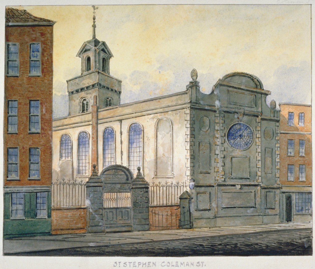 Kaakkoisnäkymä St Stephenin kirkolle, Coleman Street, Lontoon kaupunki, 1815 tekijältä William Pearson