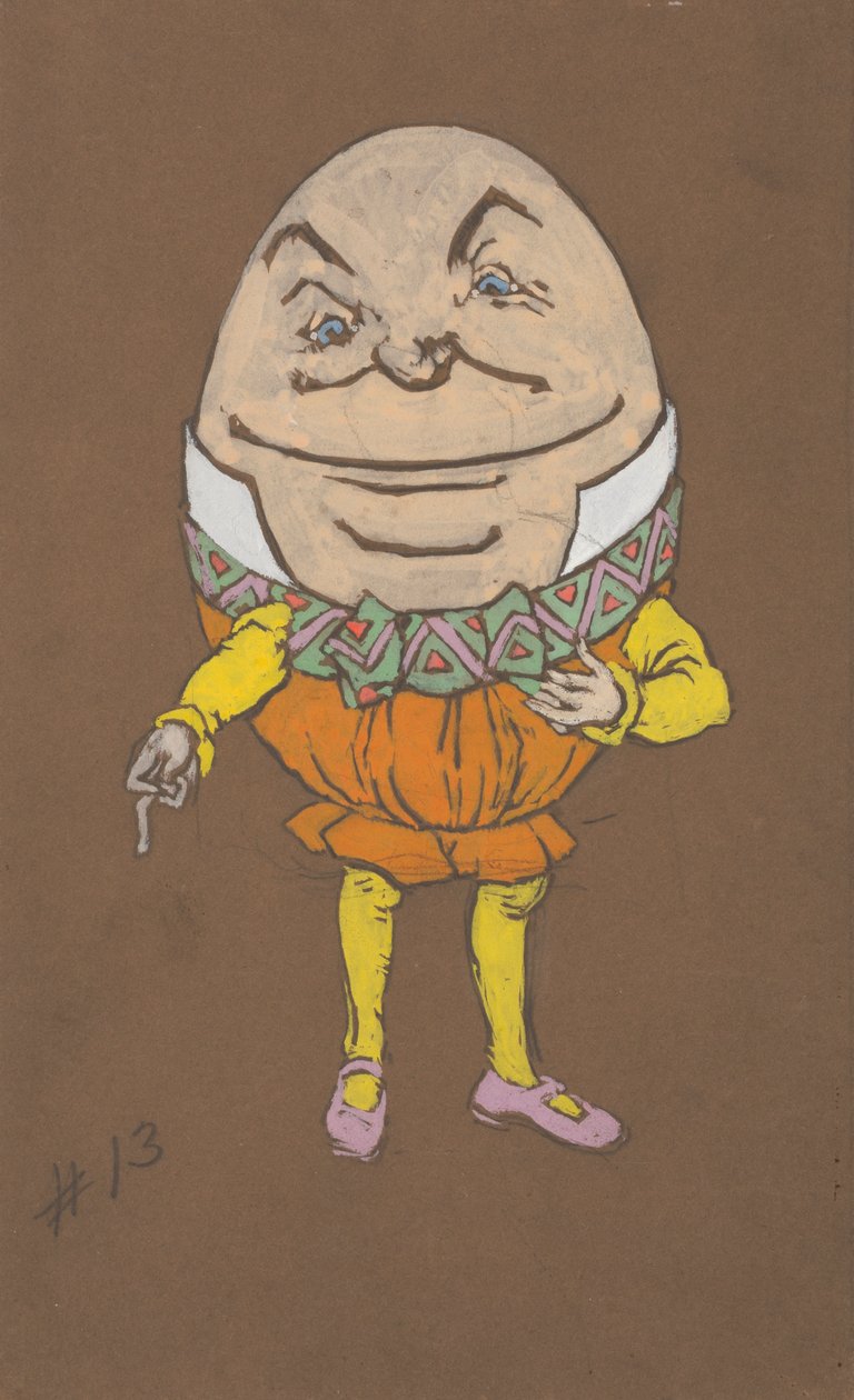 Humpty Dumpty -asusuunnittelu Liisa Ihmemaassa, 1915. tekijältä William Penhallow Henderson