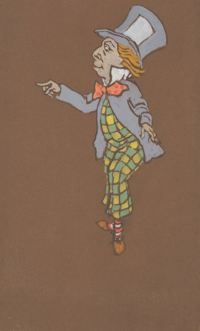 Hullun hatuntekijän pukusuunnittelu Liisa Ihmemaassa, 1915. tekijältä William Penhallow Henderson