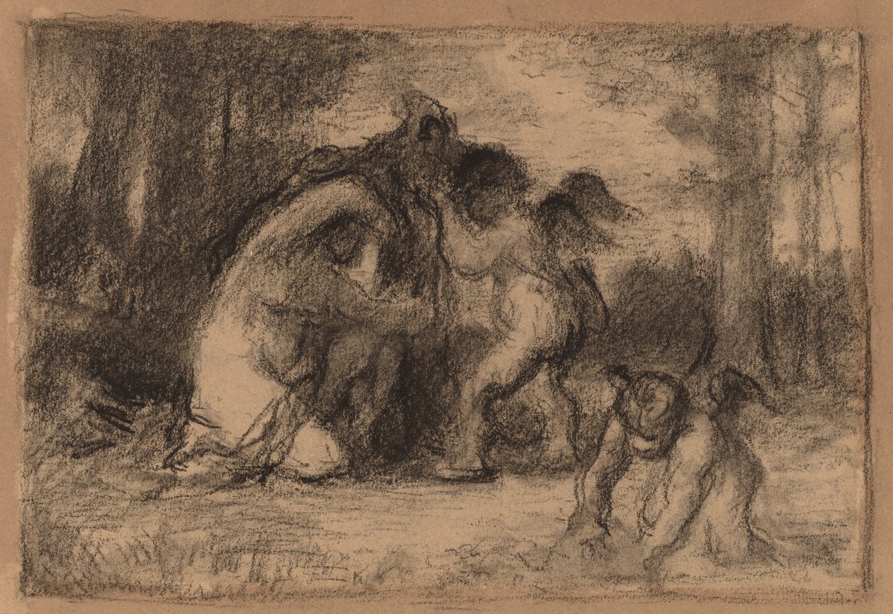 Metsäinen maisema, jossa putti auttaa naista riisuutumaan tekijältä William Perkins Babcock