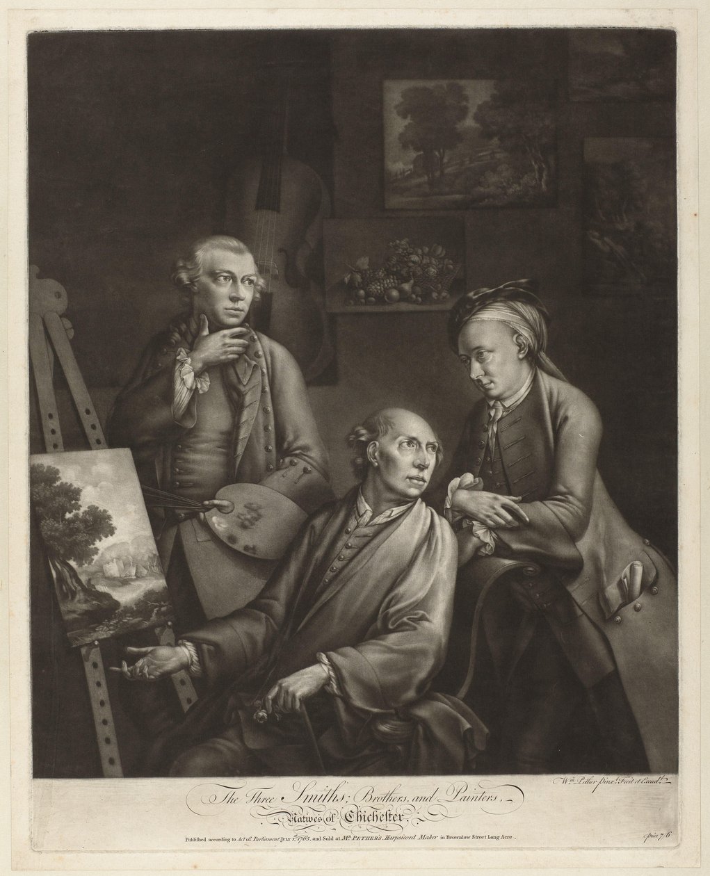 Portret van William, John ja George Smith Chichesteristä Kolme Smithiä; Brothers ja Painters, Natives of Chichester (otsikko esineessä) tekijältä William Pether