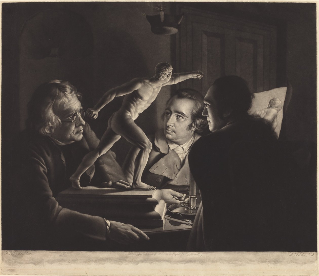 Kolme henkilöä katselemassa Gladiaattoria kynttilänvalossa tekijältä William Pether after Joseph Wright