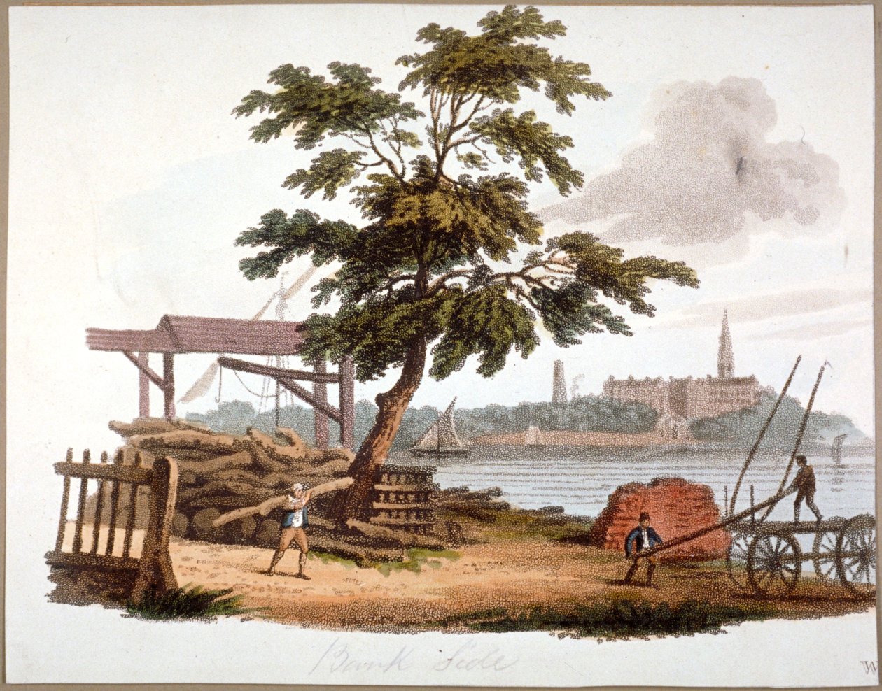 Mutta puutavaran siirtäminen Banksidessa, Southwarkissa, Lontoossa, c1810 tekijältä William Pickett