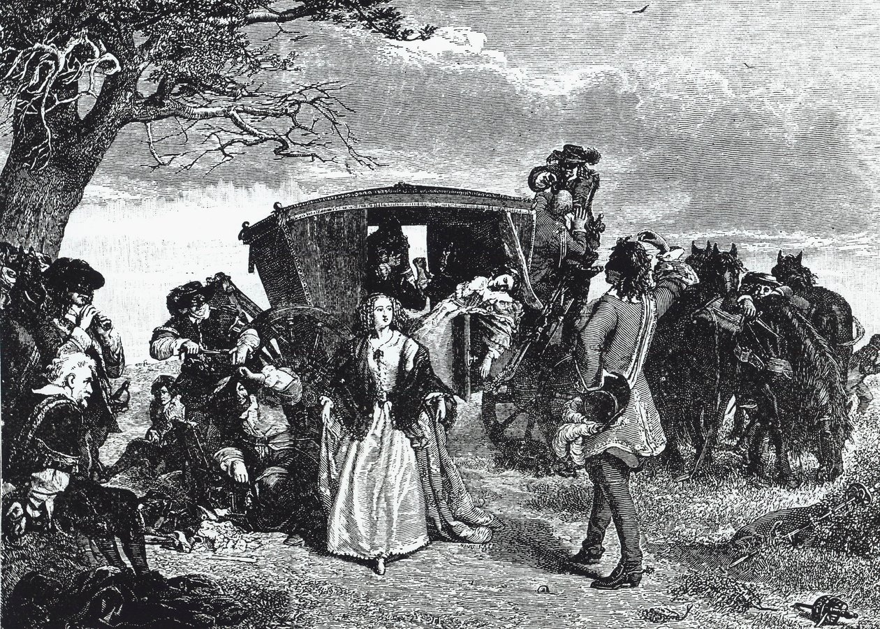 Valtatiemies Claude Duval on kuvattu legendaarisessa hetkessä, jolloin hän kieltäytyy ottamasta kaikkea saaliinsa, jos hänen uhrinsa vaimo tanssii "couranten" hänen kanssaan Hounslow Heathissa (kaiverrus) tekijältä William Powell (after) Frith
