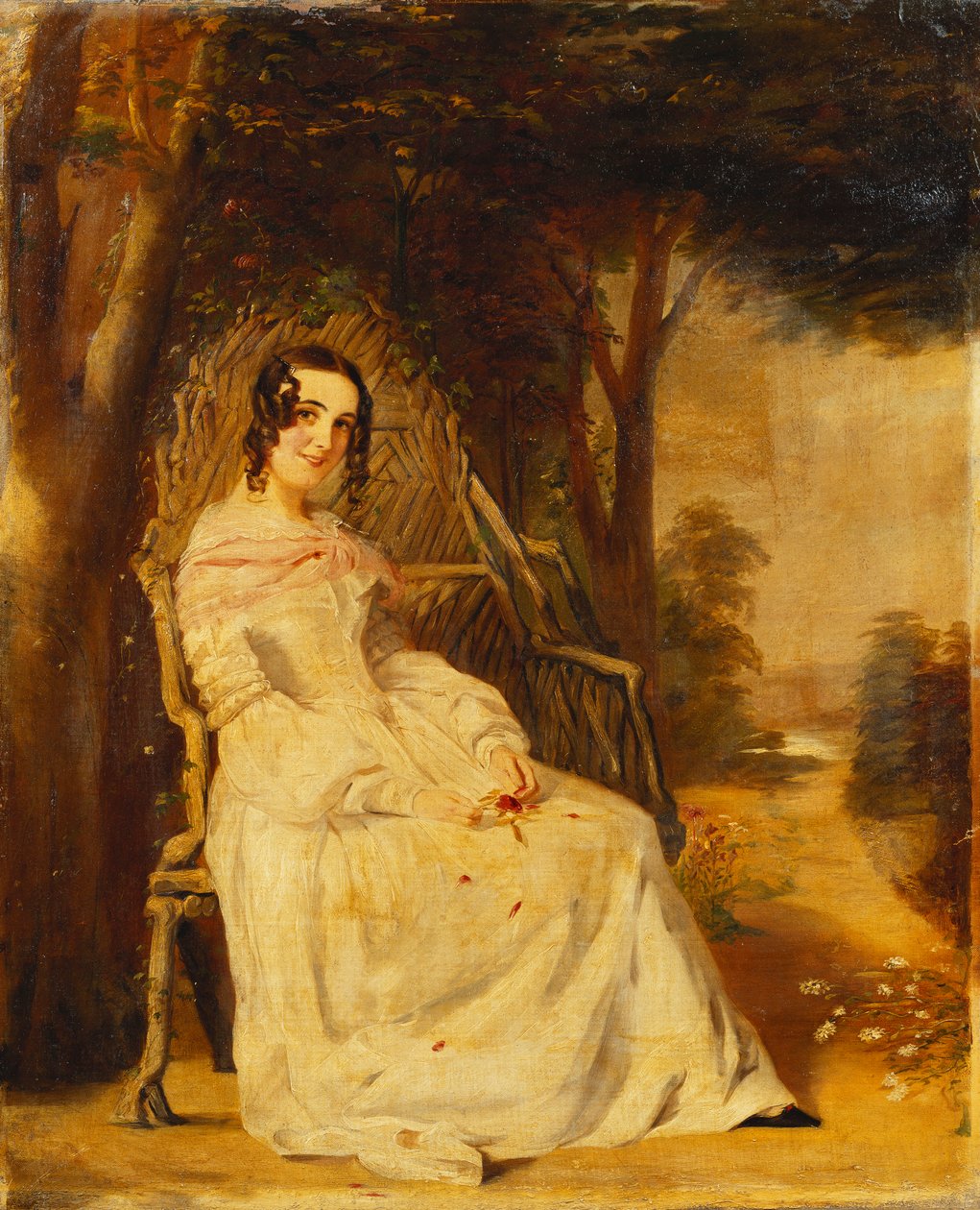 Muotokuva Mary Freeristä, joka istuu pienessä kokovartalossa puutarhaistuimella, tekijältä William Powell Frith
