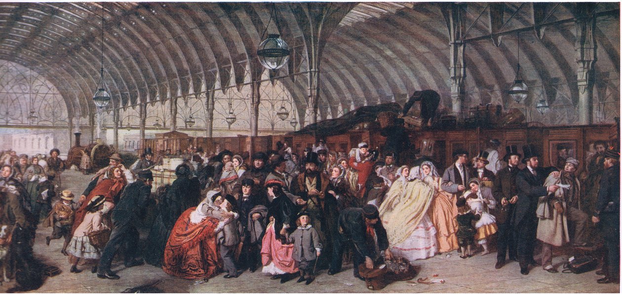 Rautatieasema, teoksesta Cassells History of the British People, jonka on julkaissut Waverley Book Company Limited, noin 1940. tekijältä William Powell Frith