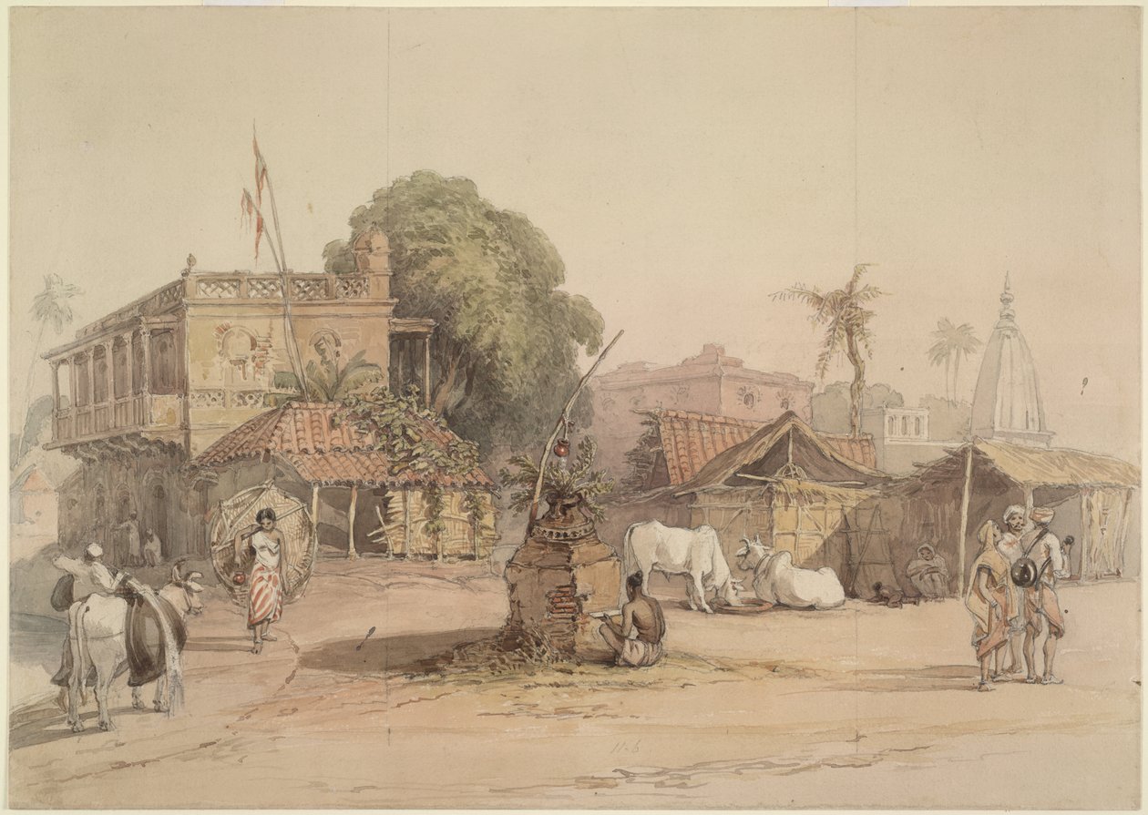 Kyläkohtaus, jossa on pieni "tulsi"-alttari ja vesikannettava härkä, Intia n. 1830-40 tekijältä William Prinsep
