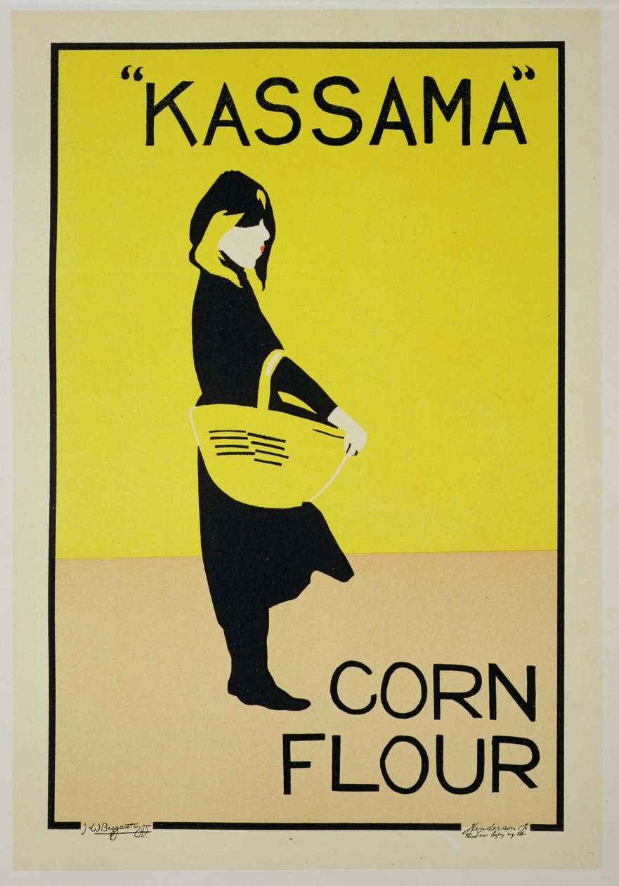 Jäljennös julisteesta, jossa mainostetaan "Kassama Corn Flour" (värilitho) tekijältä William and Pryde James Nicholson
