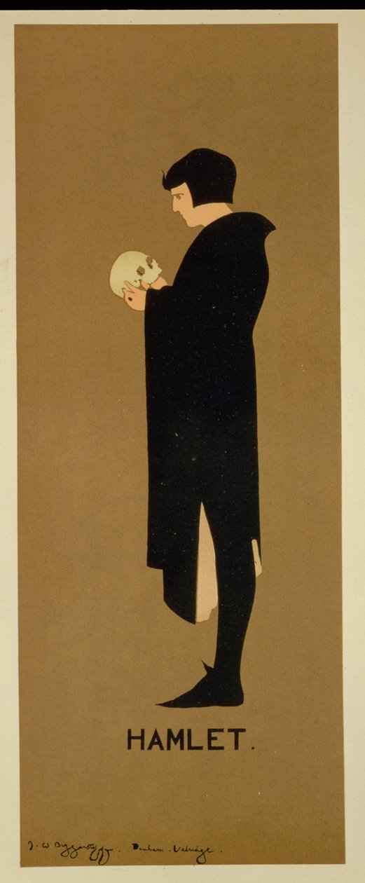 Jäljennös julisteesta, joka mainostaa näytelmää "Hamlet" (värilitho) tekijältä William and Pryde James Nicholson