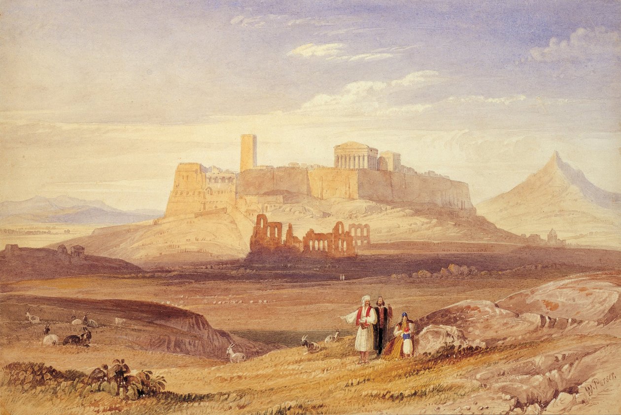 Näkymä Ateenaan Akropoliin ja Herodes Atticuksen Odeonin kanssa, 1800-luvun ensimmäinen neljännes. tekijältä William Purser