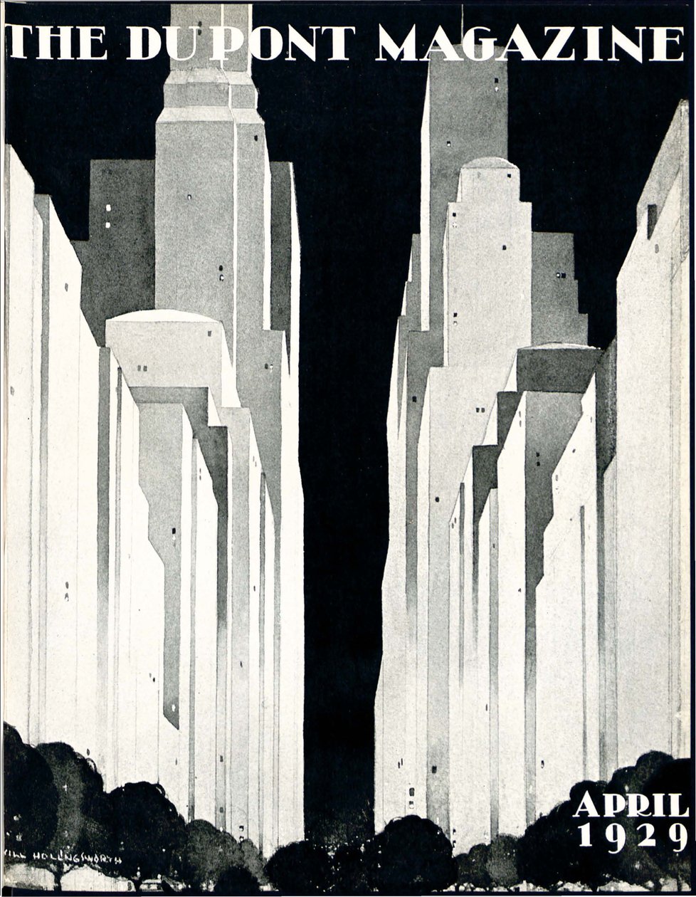 Pilvenpiirtäjät, DuPont-lehden etukansi, huhtikuu 1929 tekijältä William R. Jr. Hollingsworth