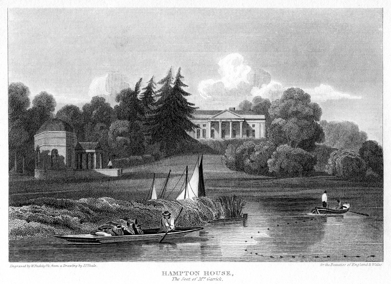 Hampton House, herra Garrickin kotipaikka, Hampton, Richmond upon Thames, Lontoo, 1815. tekijältä William Radclyffe