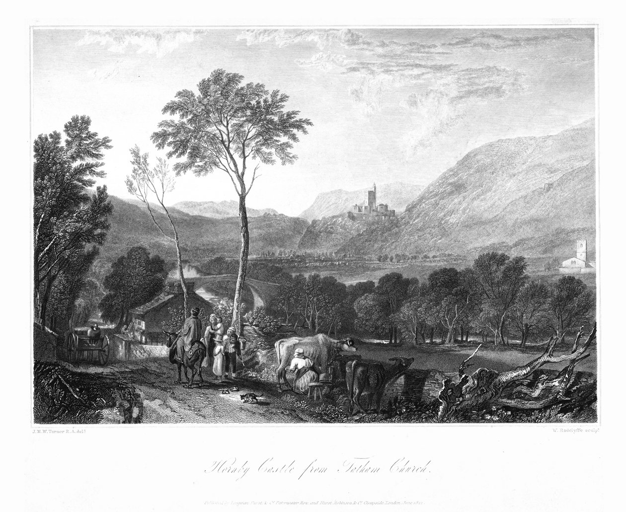 Hornbyn linna Tathamin kirkosta, vuodelta 1822. tekijältä William Radclyffe
