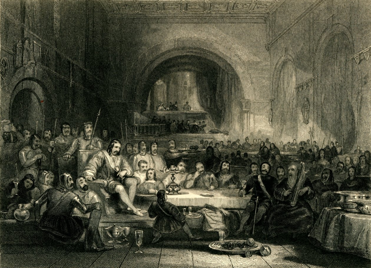"Prince Llewellyn ja hänen paroninsa hänen palatsissaan lähellä Aberia", n. 1836 tekijältä William Radclyffe
