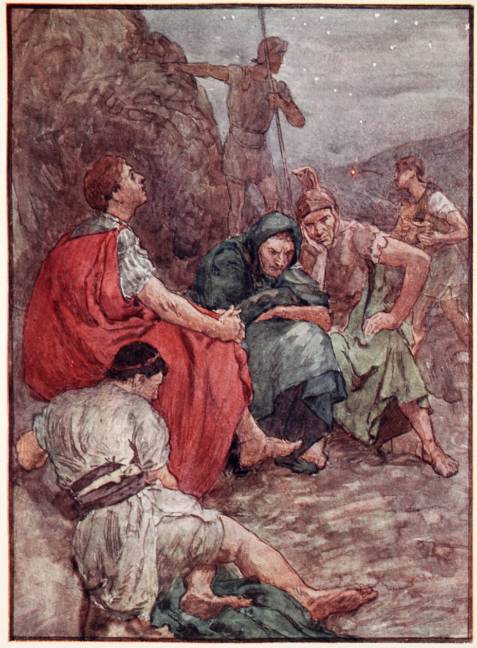 Brutus ja hänen seuralaisensa Filipin taistelun jälkeen, kuvitus teoksesta "Plutarkin elämä pojille ja tytöille", uudelleen kertonut W.H. Weston, Lontoo n. 1910 (väri litho) tekijältä William Rainey