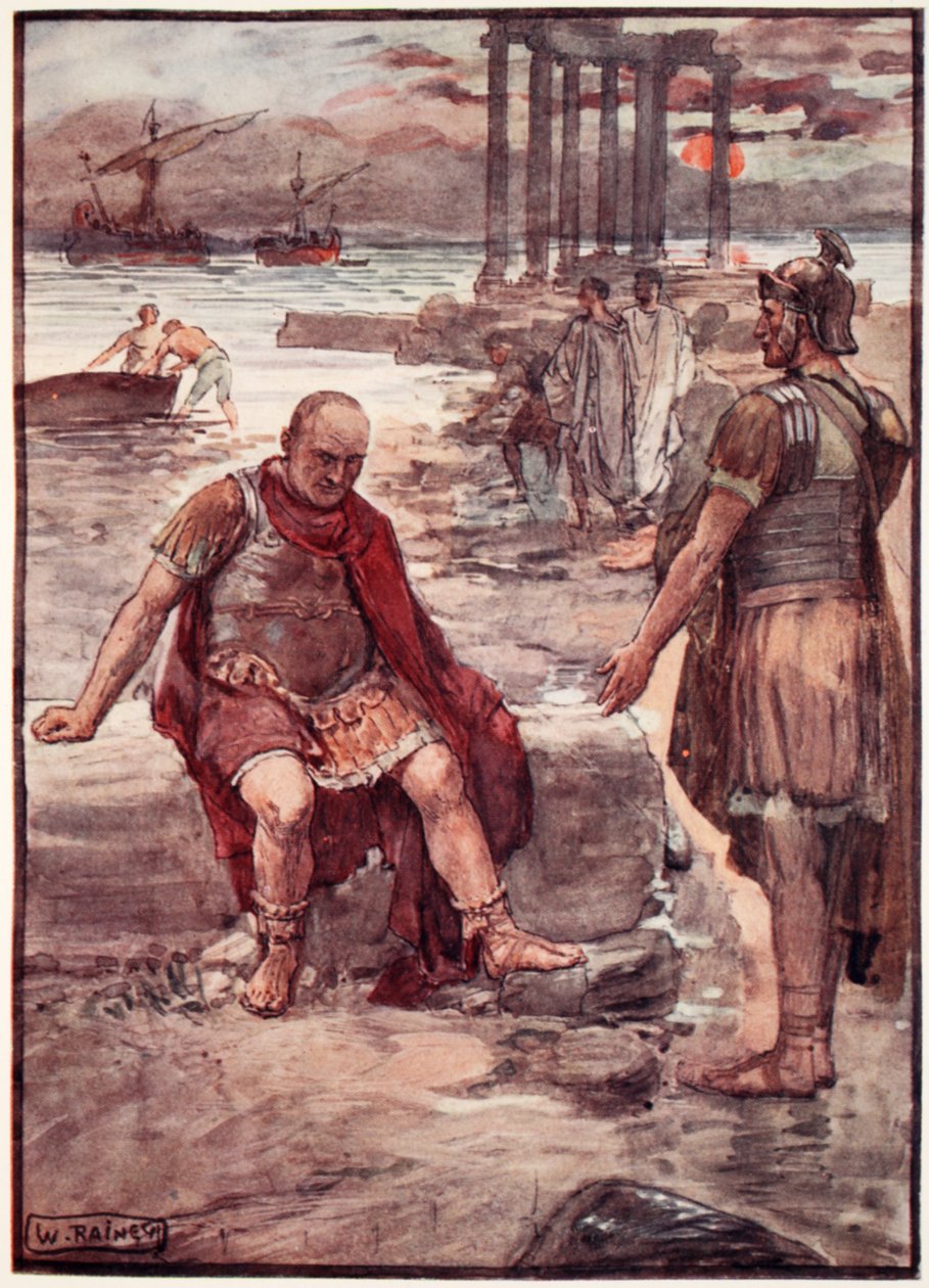 Maanpaossa oleva Marius Karthagon raunioiden keskellä, kuvitus teoksesta "Plutarkoksen elämä pojille ja tytöille", jonka on kertonut uudelleen W.H. Weston, Lontoo n. 1910 (väri litho) tekijältä William Rainey