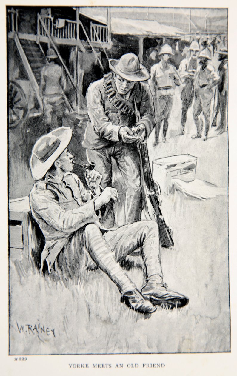 Yorke tapaa vanhan ystävän, piirros G.A.:n teoksesta "Robertsin kanssa Pretoriaan: Tarina Etelä-Afrikan sodasta". Henty, pubi. Lontoo, 1902 tekijältä William Rainey