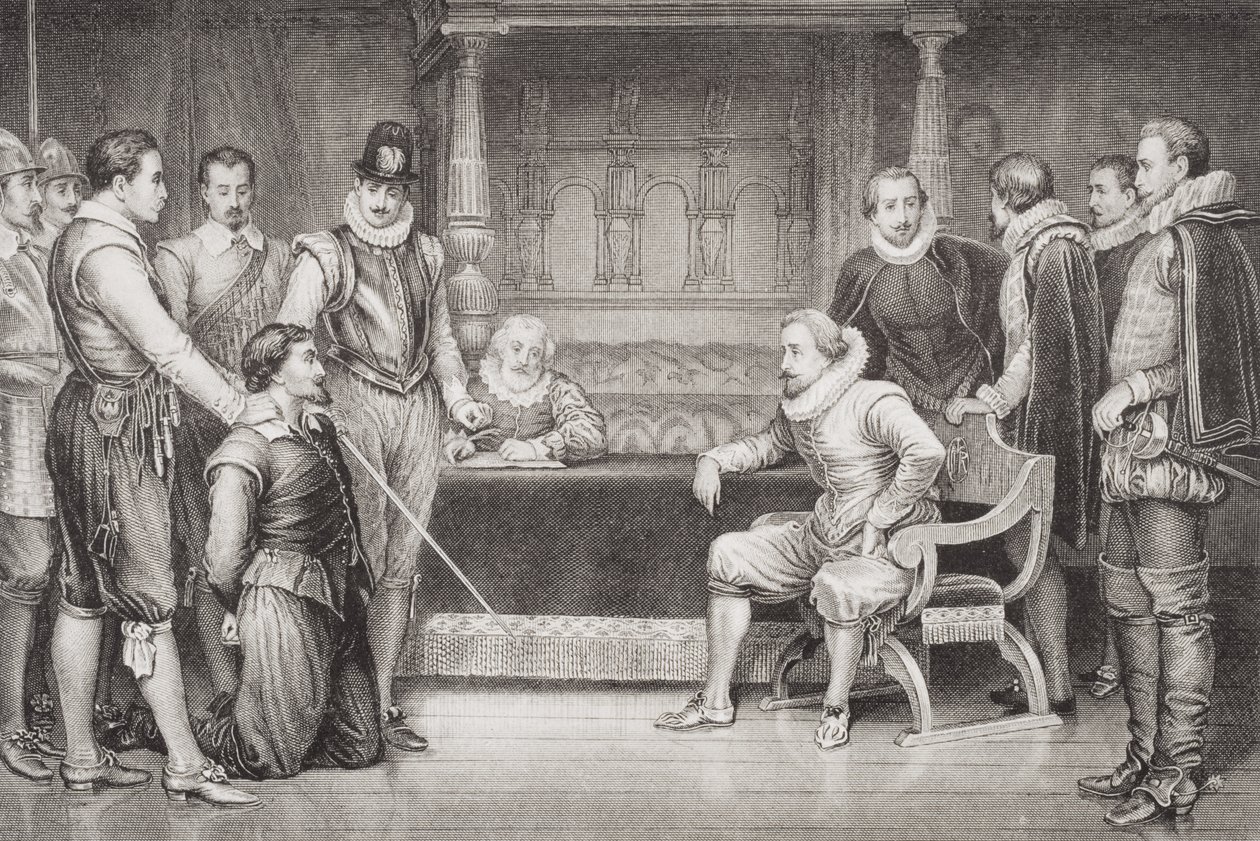 Guy Fawkesia (1570-1606) James I (1566-1625) ja hänen neuvostonsa kuulustelivat kuninkaan makuuhuoneessa "Illustrations of English and Scottish History" -osasta. tekijältä William Ralston