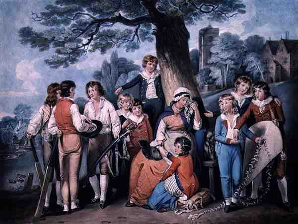 Sotilaan leski eli koulupoikien kokoelma, kaiverrus Robert Dunkarton (1744-n. 1817), pub. Kirjailija: James Daniell tekijältä William Redmore (after) Bigg