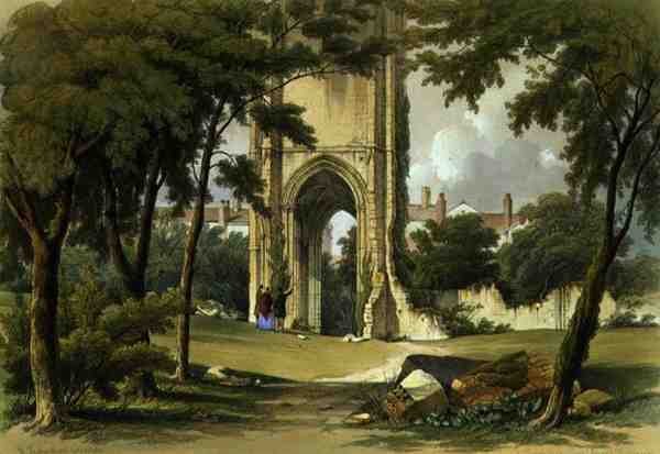 Grey Friars, Richmond, näkymä tornille, teoksesta "Yorkshiren luostarin rauniot", kaiverrus George Hawkins (1819-52) tekijältä William Richardson