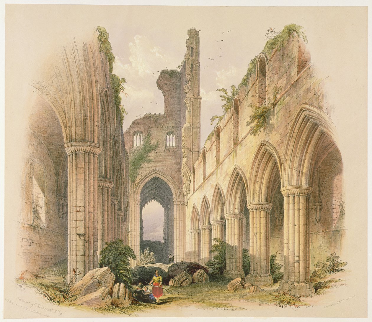 Kirkstallin luostari, nave ja kuoro, teoksesta "Yorkshiren luostarin rauniot", kaiverrus George Hawkins (1819-52), 1842 tekijältä William Richardson