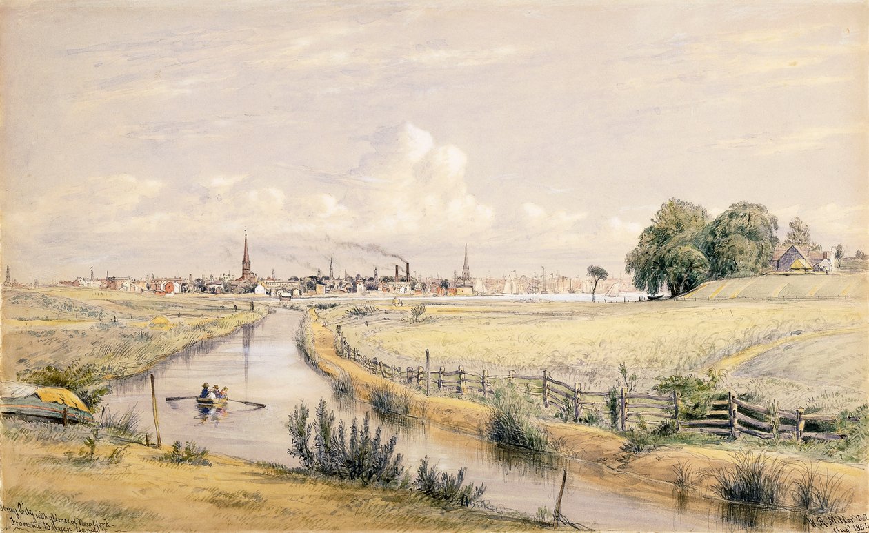 Jersey City, vilkaisu New Yorkiin Bergenin kanavasta, 1854 tekijältä William Rickarby Miller